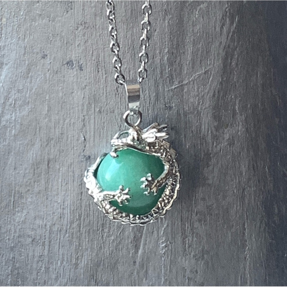 Green Aventurine Stone Silver Dragon Wrapped Ball Cylinder Faux Jade Necklace